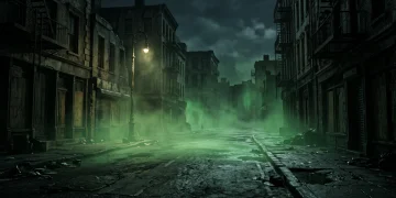A dark, foggy urban street at night with an eerie atmosphere.