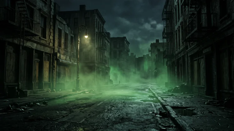 A dark, foggy urban street at night with an eerie atmosphere.