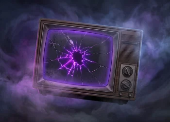A cracked retro television set glowing with purple light in a dark environment.