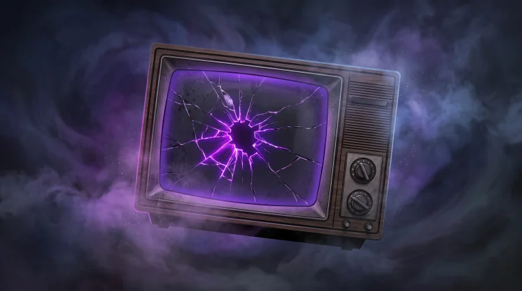 A cracked retro television set glowing with purple light in a dark environment.