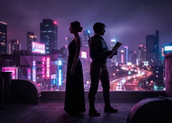 A conceptual silhouette illustration representing two female leads in an action-comedy setting.