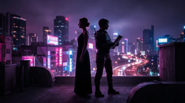 A conceptual silhouette illustration representing two female leads in an action-comedy setting.
