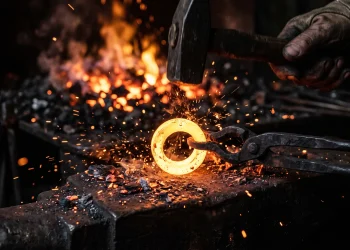A conceptual close-up of a golden ring being forged in a dark, fiery environment.