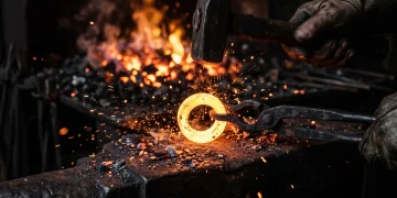A conceptual close-up of a golden ring being forged in a dark, fiery environment.