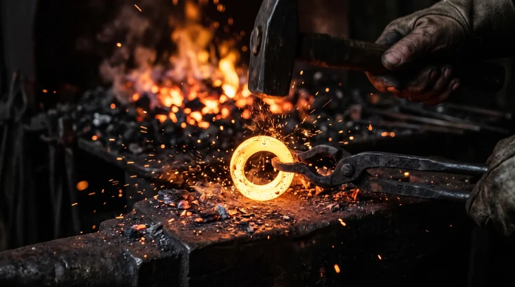 A conceptual close-up of a golden ring being forged in a dark, fiery environment.