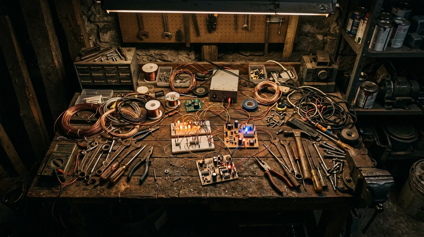 A conceptual image of a robotics engineer's workbench.