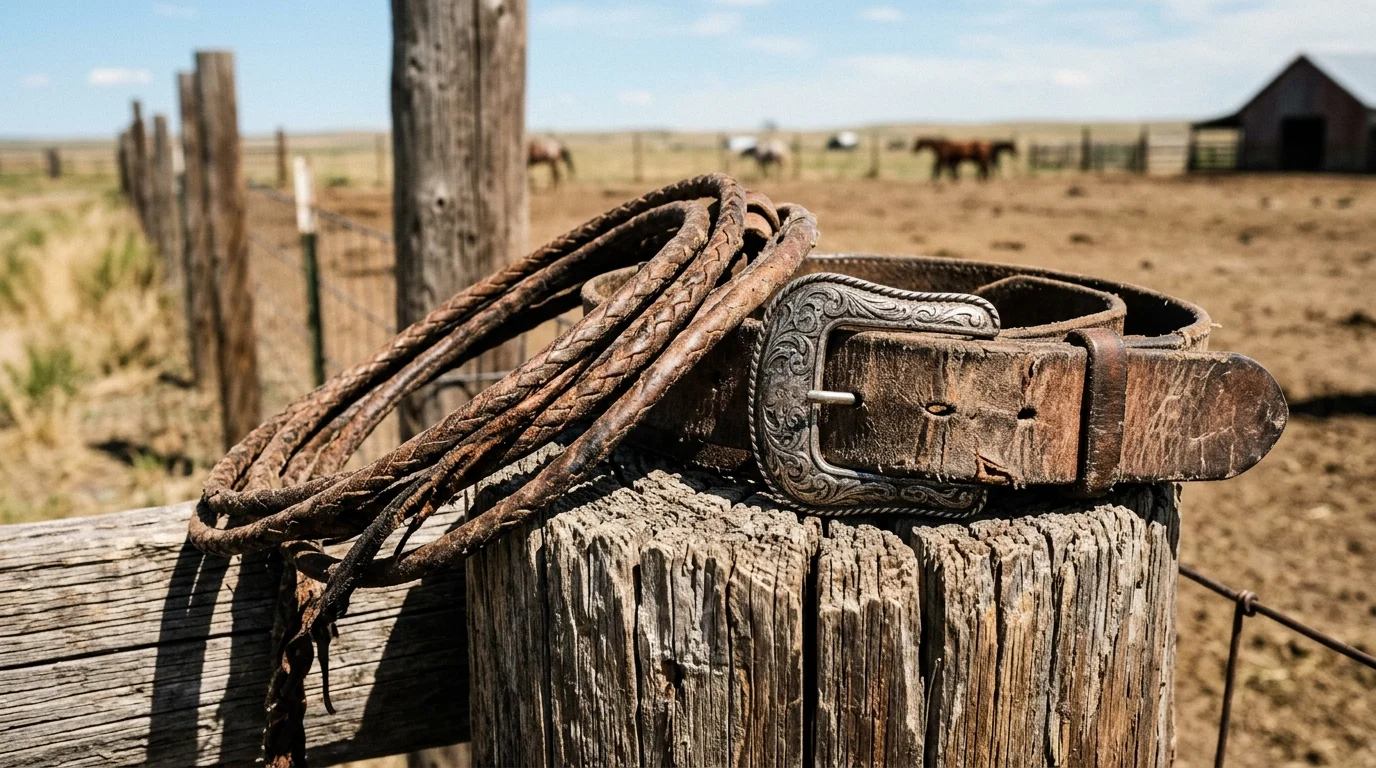 Rodeo gear and a belt buckle on a wooden fence.