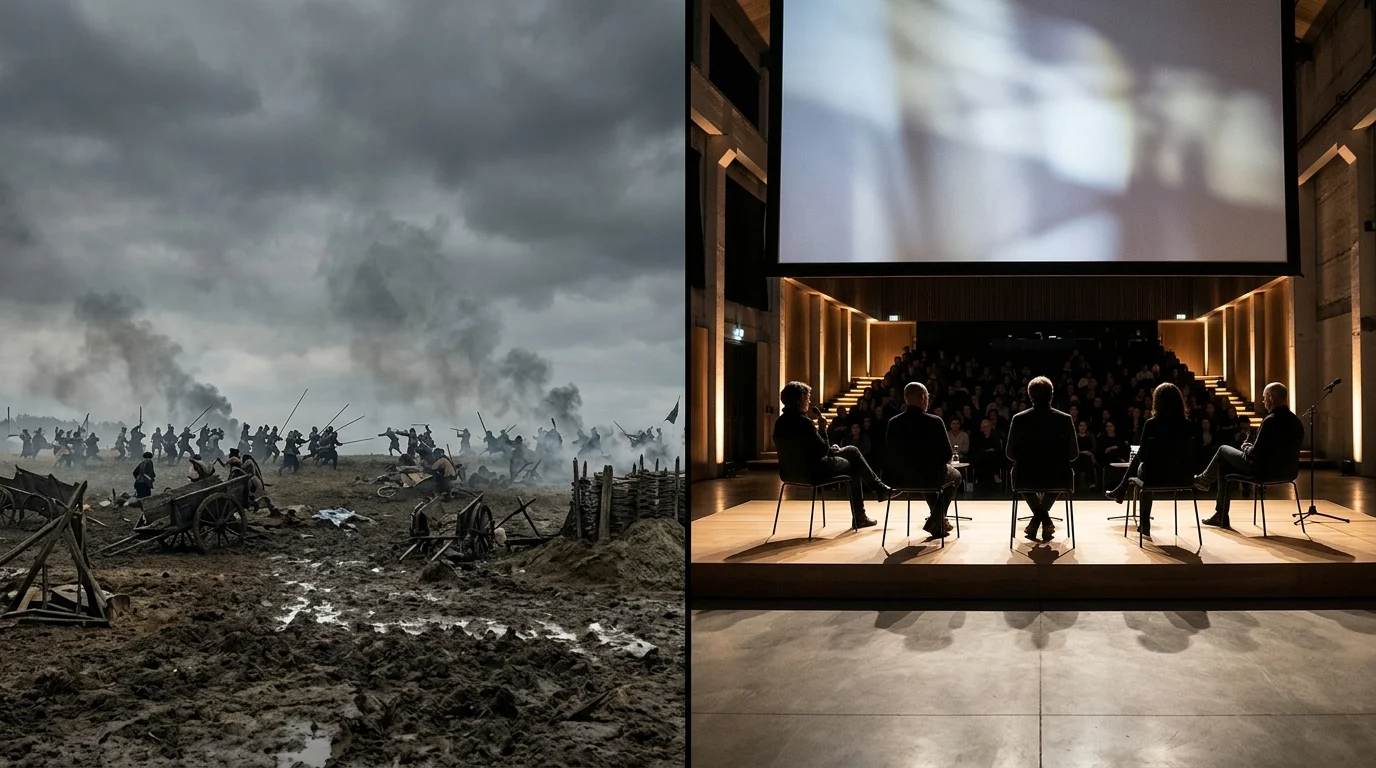A split visual of a historical battlefield and a modern film stage.