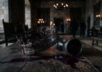 A fallen iron crown and spilled purple wine on a dark banquet table.