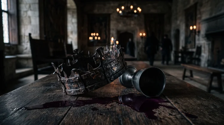 A fallen iron crown and spilled purple wine on a dark banquet table.