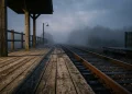 A lonely rural train platform at dusk with heavy fog and long shadows.