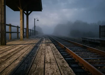 A lonely rural train platform at dusk with heavy fog and long shadows.