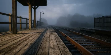 A lonely rural train platform at dusk with heavy fog and long shadows.