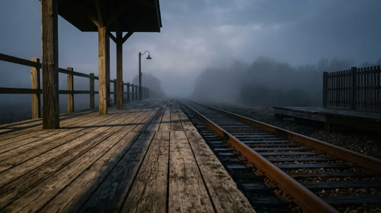 A lonely rural train platform at dusk with heavy fog and long shadows.
