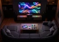 Conceptual illustration of a home cinema environment reflecting soft light from a digital interface.