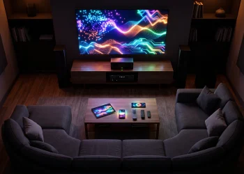 Conceptual illustration of a home cinema environment reflecting soft light from a digital interface.
