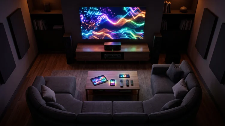 Conceptual illustration of a home cinema environment reflecting soft light from a digital interface.