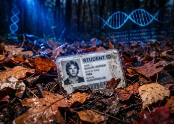 A conceptual image representing a cold case investigation with 1980s ephemera and modern forensic DNA symbols.