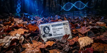 A conceptual image representing a cold case investigation with 1980s ephemera and modern forensic DNA symbols.