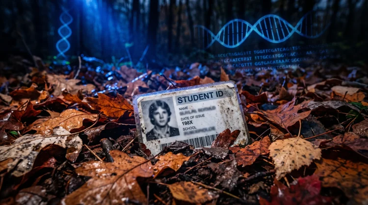 A conceptual image representing a cold case investigation with 1980s ephemera and modern forensic DNA symbols.