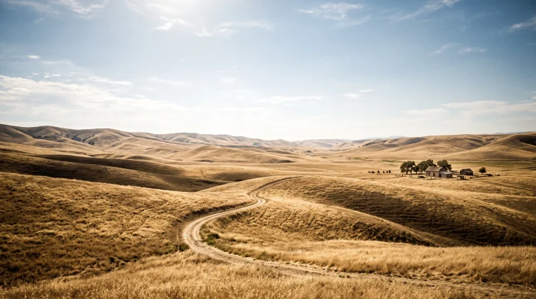 A wide landscape of the Salinas Valley with golden hills and a farm under a blue sky.