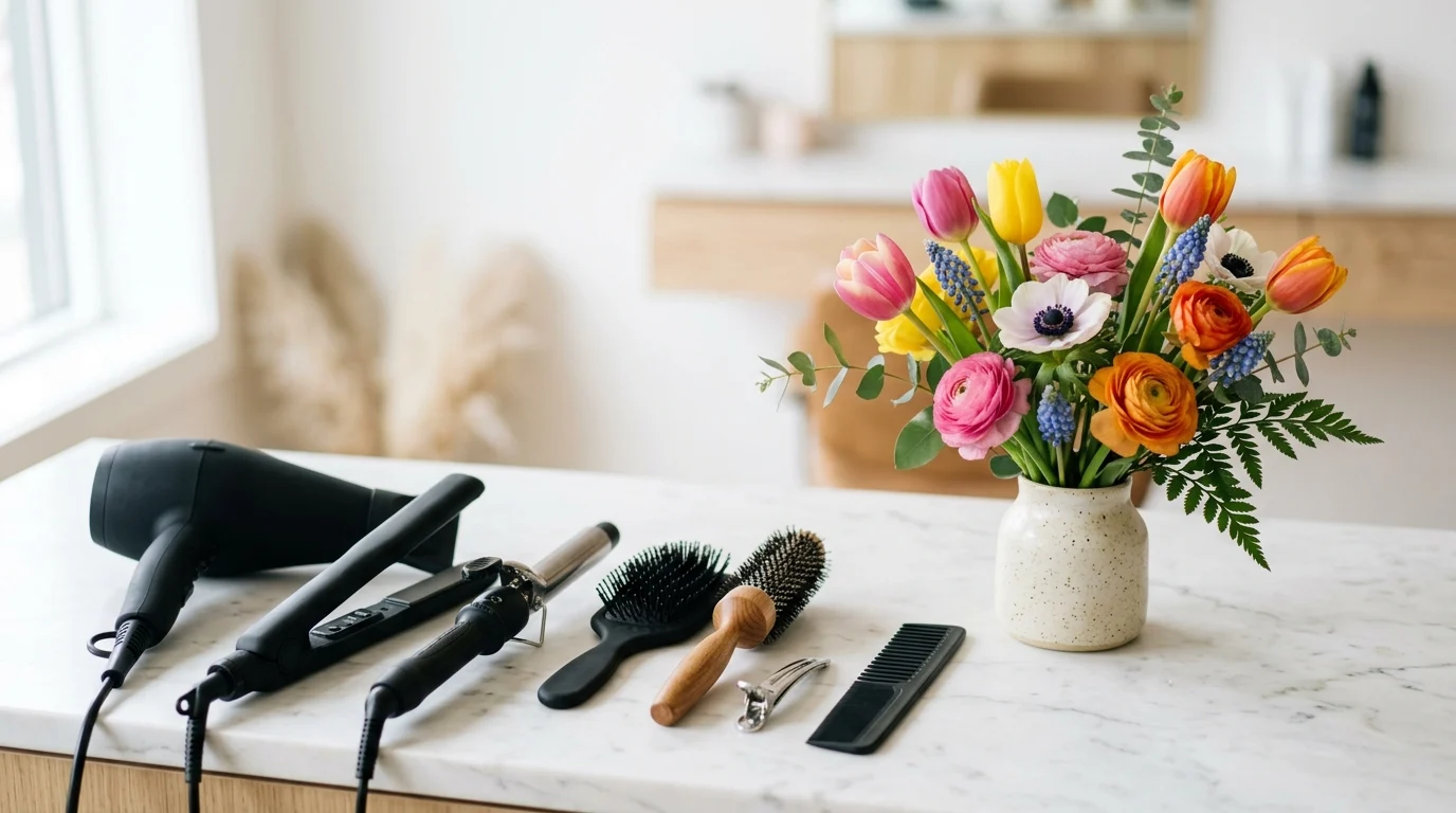 Styling tools and fresh flowers on a white surface.