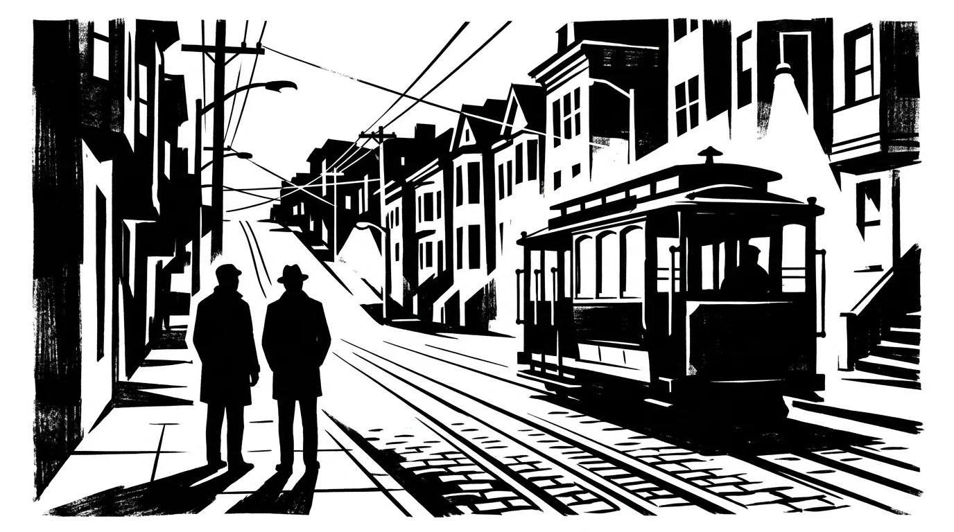 Abstract silhouette of two people in a San Francisco setting.