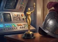 A conceptual image symbolizing range in cinema with an award statuette and period-specific items.