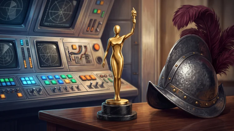 A conceptual image symbolizing range in cinema with an award statuette and period-specific items.