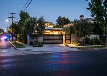 A modern residential exterior at dusk with subtle emergency light reflections.
