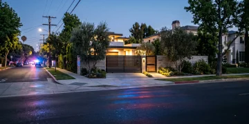A modern residential exterior at dusk with subtle emergency light reflections.