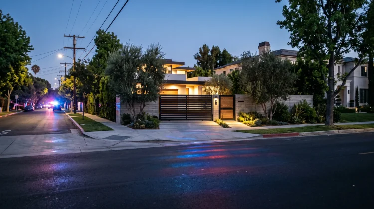 A modern residential exterior at dusk with subtle emergency light reflections.
