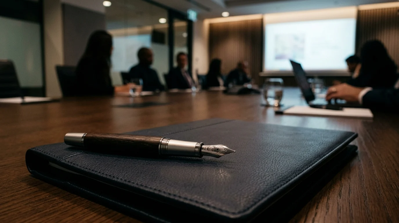 A fountain pen on a business folder in a boardroom.