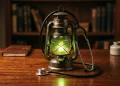 A conceptual image of a stethoscope and a green lantern.