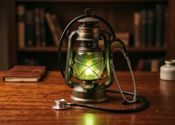 A conceptual image of a stethoscope and a green lantern.