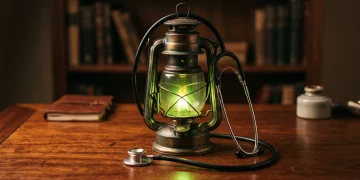 A conceptual image of a stethoscope and a green lantern.