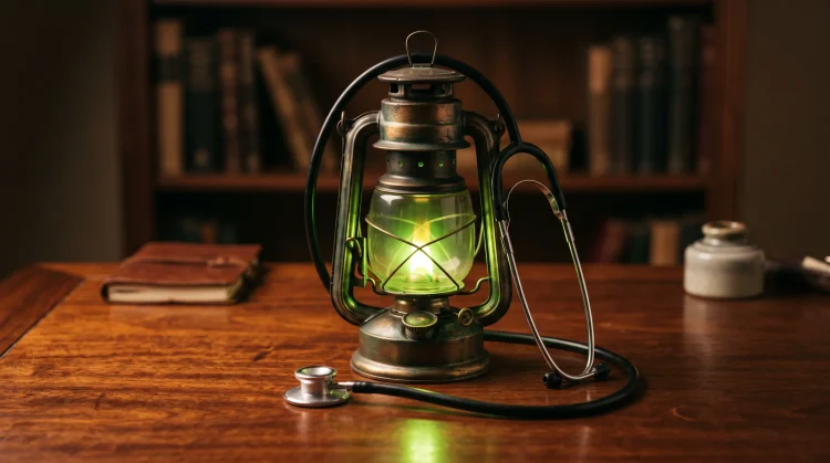 A conceptual image of a stethoscope and a green lantern.