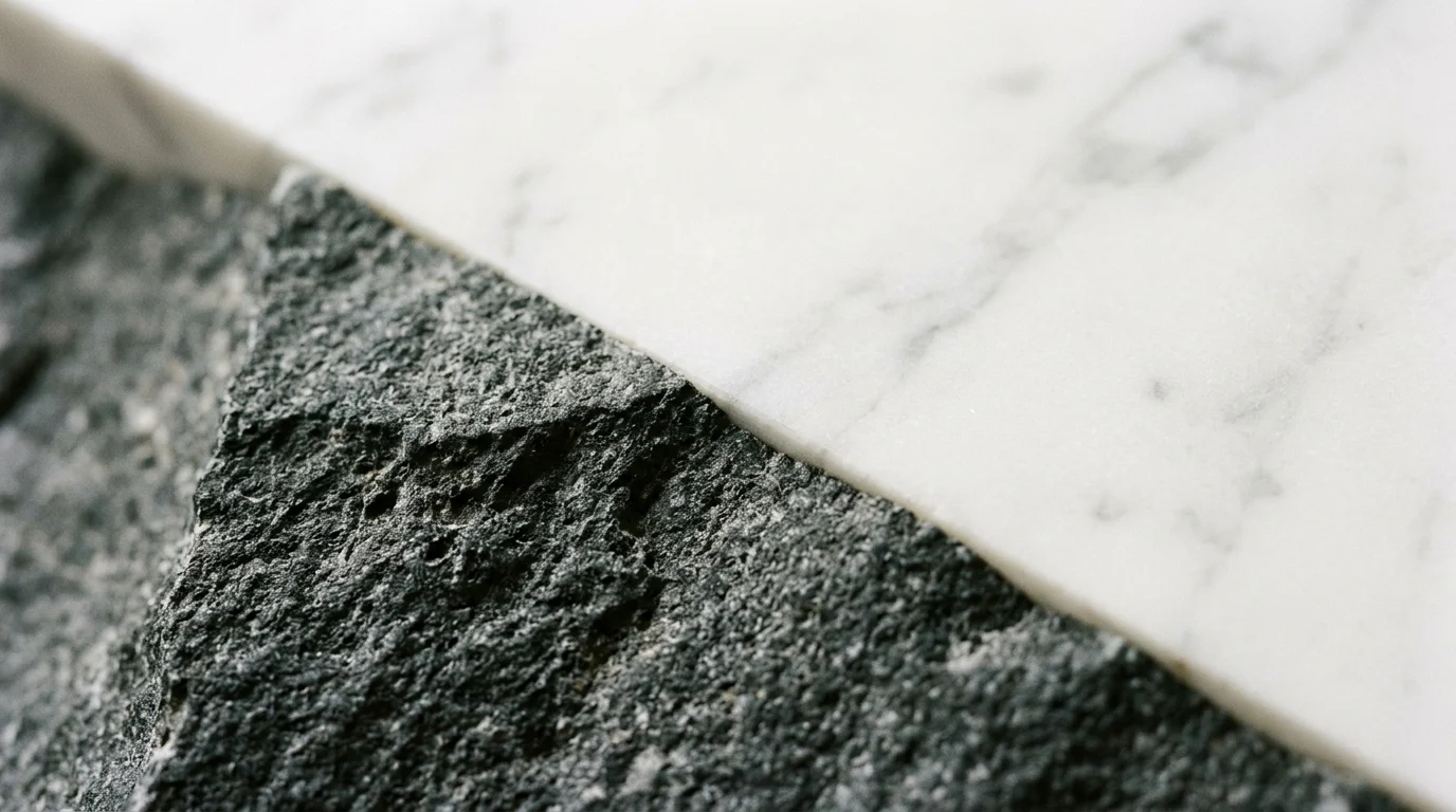 A close-up of marble and soapstone textures side-by-side representing fine art materials.