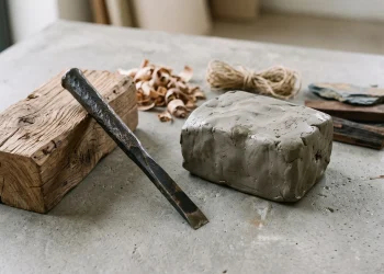 A conceptual layout of sculpting materials such as wood, clay, and carving tools.