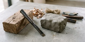 A conceptual layout of sculpting materials such as wood, clay, and carving tools.