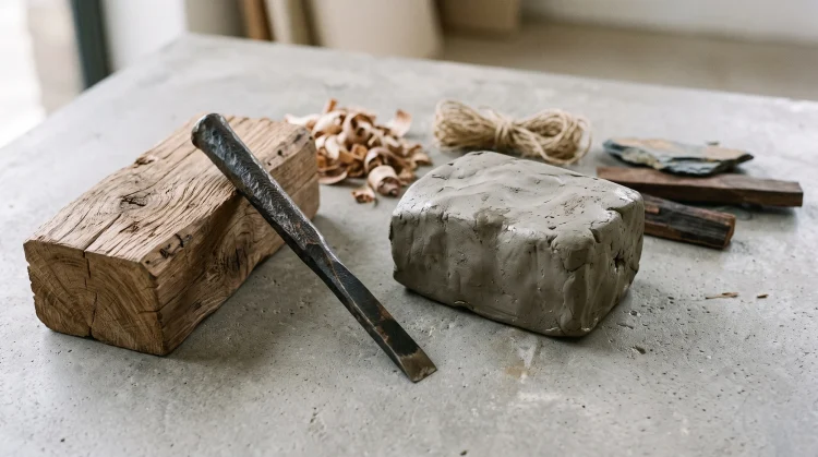 A conceptual layout of sculpting materials such as wood, clay, and carving tools.