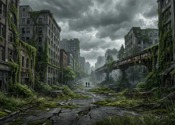 A desolate and overgrown urban street in a post-apocalyptic Seattle landscape.