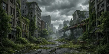 A desolate and overgrown urban street in a post-apocalyptic Seattle landscape.