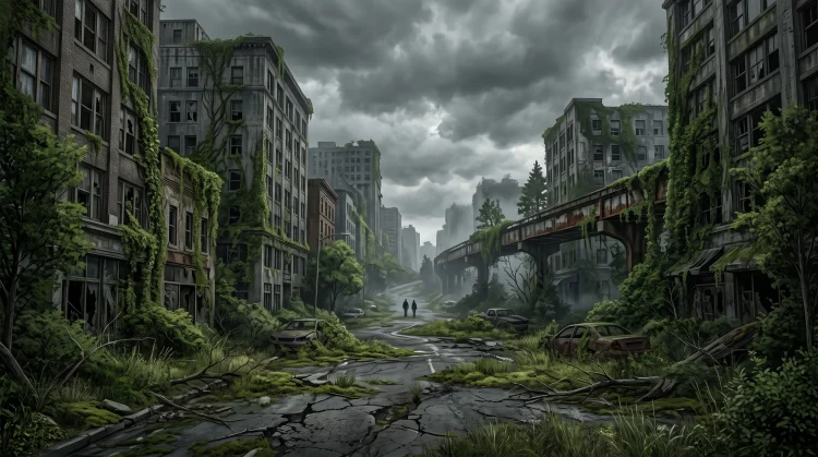 A desolate and overgrown urban street in a post-apocalyptic Seattle landscape.