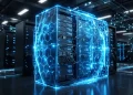 Conceptual image of a secure server rack protected by digital barriers.