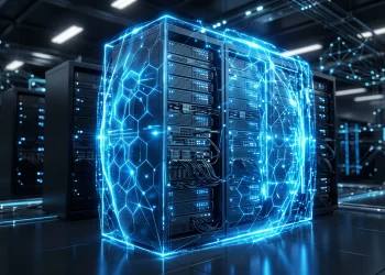 Conceptual image of a secure server rack protected by digital barriers.