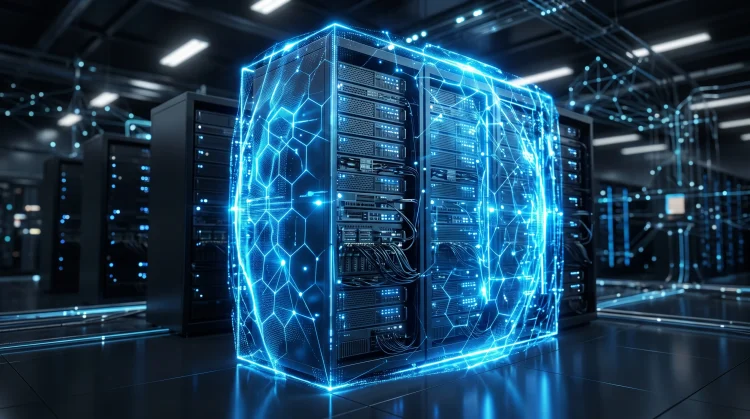 Conceptual image of a secure server rack protected by digital barriers.