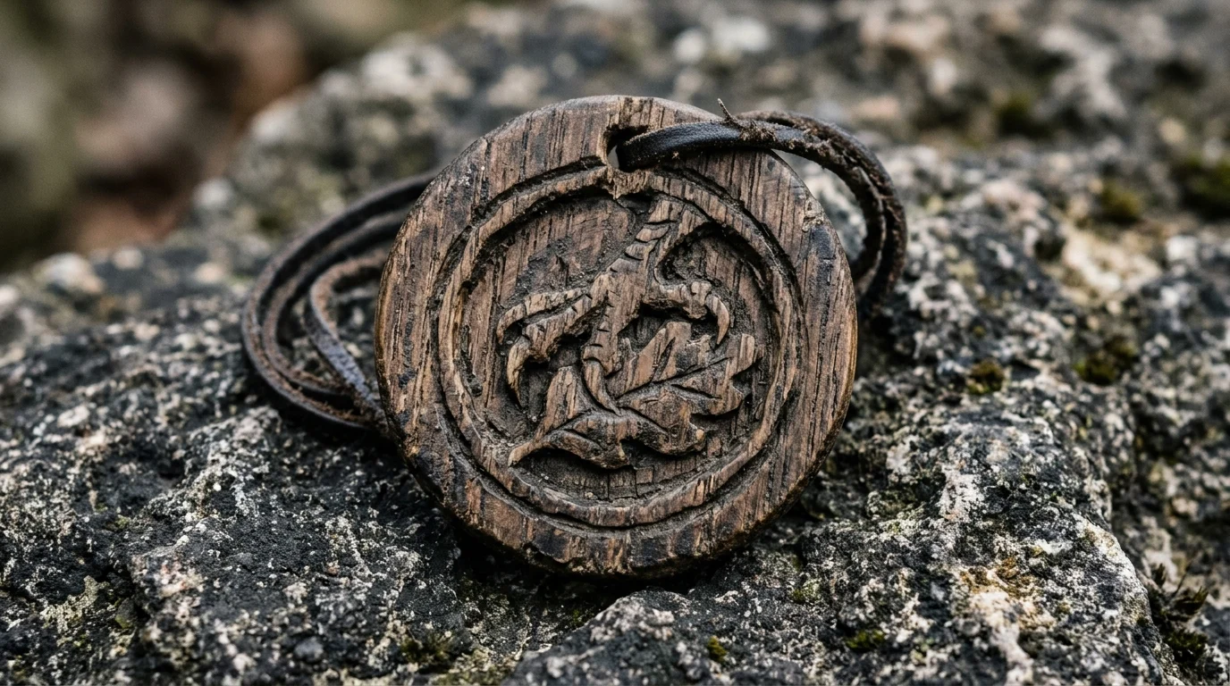 A close-up of a handmade wooden faction medallion on stone.