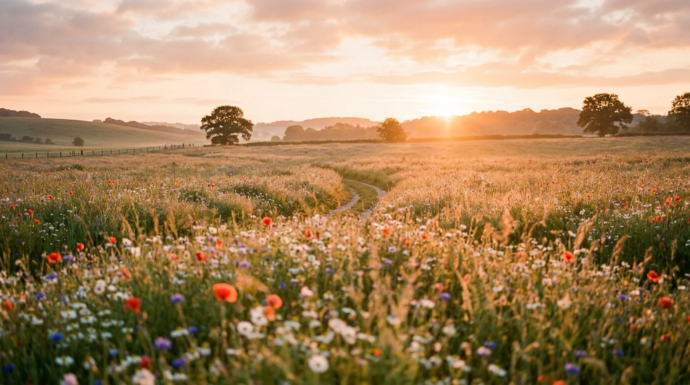 A quiet, sunlit meadow at dawn.