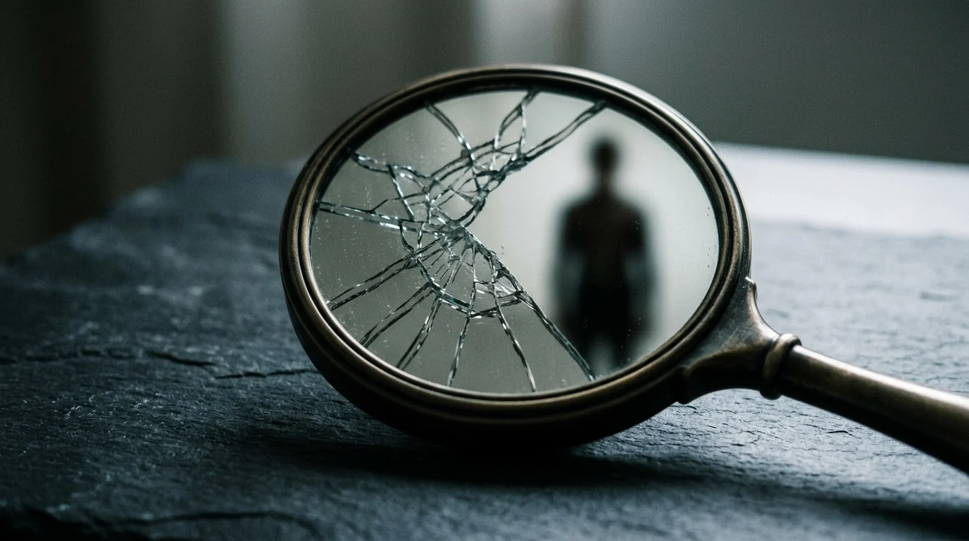 A cracked mirror reflecting a distorted figure on a dark background.